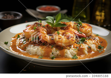 Bobo de Camarao aromatic shrimp stew with creamy yuca puree, tender shrimp, and vibrant ingredients 104805188
