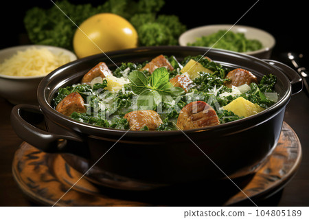 Caldo Verde soup, featuring a flavorful combination of potatoes, collard greens, onions, garlic, and smoked sausage 104805189