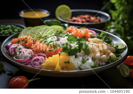 A vibrant Chilean Ceviche dish featuring marinated raw seafood with zesty citrus flavors, beautifully presented and inviting viewers to savor its refreshing and invigorating taste 104805190