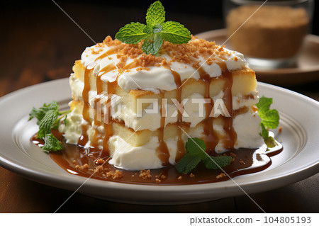 Captivating image of Escondidinho, a visually enticing casserole dish with layers of creamy mashed cassava, tender shredded meat, and melted cheese, 104805193