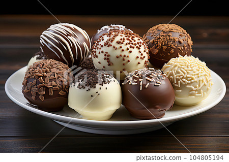 Brigadeiros - small chocolate truffles elegantly displayed on a white platter, tempting viewers to indulge in their rich and luscious chocolatey delight 104805194