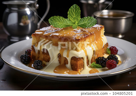 Captivating image of Malva Pudding, a warm and moist South African dessert topped with creamy sauce Captivating image of Malva Pudding, a warm and moist South African dessert topped with creamy sauce 104805201
