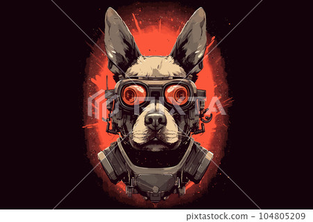Dog cartoon design with dark red eyes, wearing sunglasses and futuristic glasses. Vector illustration Dog cartoon design with dark red eyes, wearing sunglasses and futuristic glasses. Vector illustration 104805209