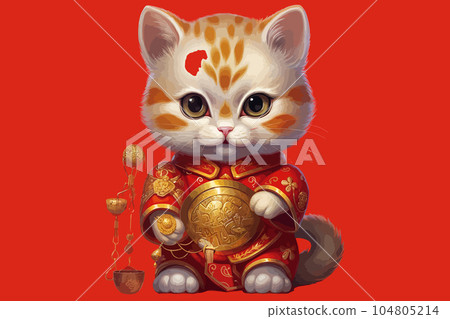 Cute kitten holds gold in the mouth in the style of realistic images. Vector illustration Cute kitten holds gold in the mouth in the style of realistic images. Vector illustration 104805214