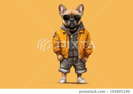 Dog in a jacket, pants and glasses, in the style of hip-hop aesthetics, graphics. Vector illustration Dog in a jacket, pants and glasses, in the style of hip-hop aesthetics, graphics. Vector illustration 104805240