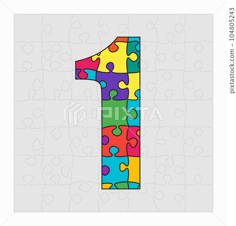 Colorful puzzle number - 1. Jigsaw figure one 104805243