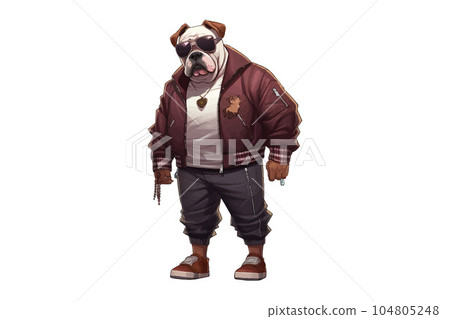 Cartoon dog wearing blue jeans and a black jacket, hip hop aesthetic style. Vector illustration Cartoon dog wearing blue jeans and a black jacket, hip hop aesthetic style. Vector illustration 104805248