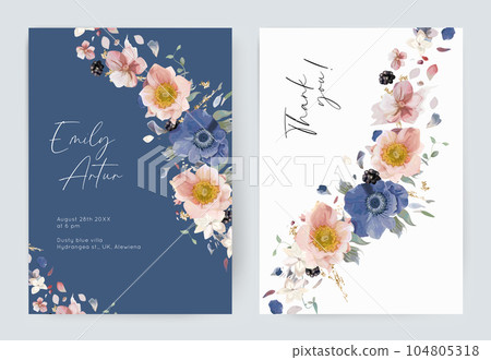 Pastel wedding invite card set. Dusty blue, pink anemone flowers, green leaves, blackberries, white hydrangea petals, golden glitter splashes bouquet, wreath. Editable, watercolor vector illustration 104805318