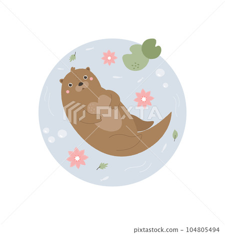 Hand drawn illustration with textured effect of a cute otter in the pond 104805494