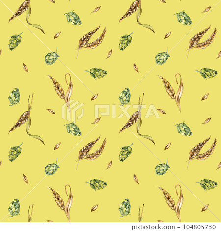 Wheat ear, hop watercolor seamless pattern isolated on yellow background. Spikelet of rye, humulus plant, hop cones hand drawn. Design element for brewing, wrapping, label, packaging, paper, textile Wheat ear, hop watercolor seamless pattern isolated on yellow background. Spikelet of rye, humulus plant, hop cones hand drawn. Design element for brewing, wrapping, label, packaging, paper, textile 104805730