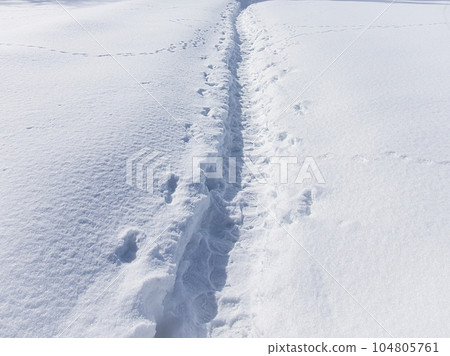 A road trodden by footprints in a snowy field 104805761