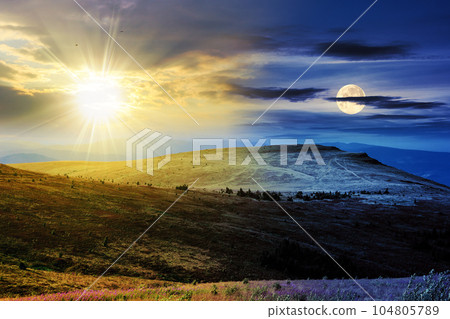 day and night time change concept. uneven transitions on the slopes of high mountains with sun and moon at twilight 104805789