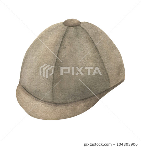 Watercolor illustration of equestrian equipment brown helmet, ammunition and accessories for horse riding. Isolated. 104805906