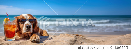 A dog with sunglasses is enjoying the beach. Ai generated illustration. 104806535