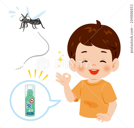 一個拿著驅蟲噴霧的男孩和一隻逃跑的蚊子 一個拿著驅蟲噴霧的男孩和一隻逃跑的蚊子 104806851