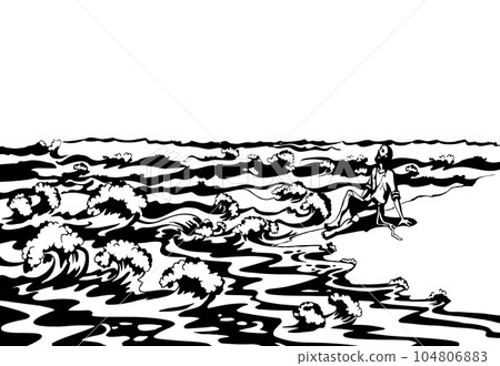 Vector drawing. A man on the shore after a shipwreck Vector drawing. A man on the shore after a shipwreck 104806883