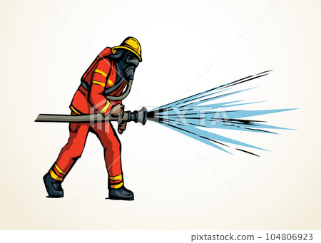 Vector drawing. Firefighter puts out the fire - Stock Illustration ...