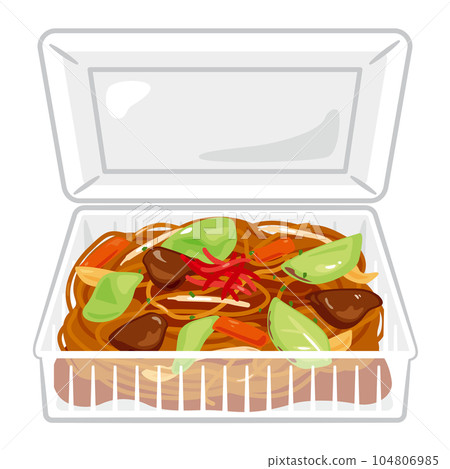 Yakisoba in a plastic container with an open lid Yakisoba in a plastic container with an open lid 104806985