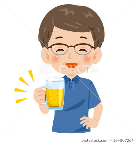 A smiling middle-aged man holding a beer mug 104807264