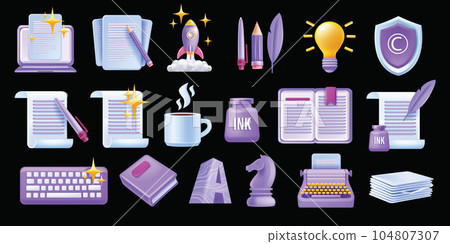 3D write author vector icon set, laptop article, creative story content sign, book paper document.  104807307