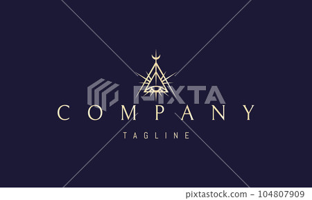Vector golden logo on which an abstract image of a shining all seeing eye inside a pyramid. 104807909