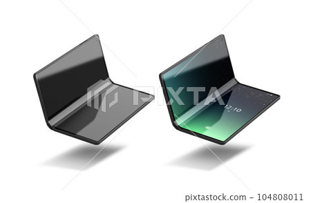 Turned on off flexible book phone display half folded mockup Turned on off flexible book phone display half folded mockup 104808011