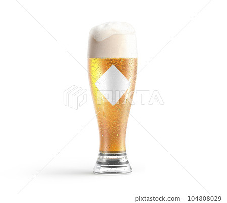 Blank transparent beer glass with white rhomb label mockup, isolated 104808029