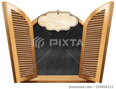 Wooden Window with Open Shutters and Empty Blackboard Isolated on White 104808123