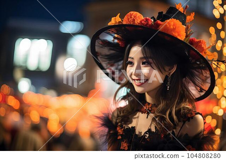 一個美麗的女人在玩的時候閃閃發光的萬聖節（AI圖像） 104808280