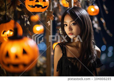 Halloween of a beautiful woman who shines while having fun (AI image) Halloween of a beautiful woman who shines while having fun (AI image) 104808285
