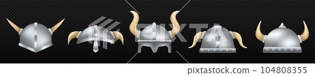 Medieval helmets with horns. Ancient protective headdress 104808355