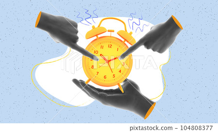 Contemporary art collage. Human and spotting at alarm clock symbolizing projects, deadlines. Time management Contemporary art collage. Human and spotting at alarm clock symbolizing projects, deadlines. Time management 104808377