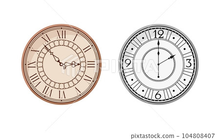 Realistic old clock template. Classic antique round dial design 104808407