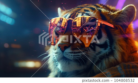 Epic Cyberpumk Tiger Neon Retro Wave Style 104808532