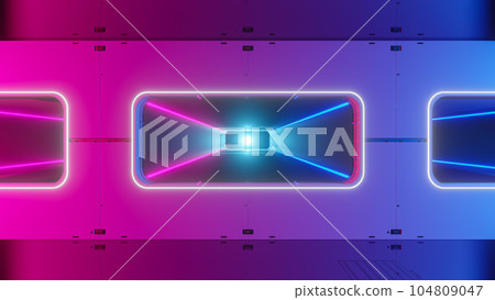 Scientific laboratory or empty room with bright neon lamps blue and magenta color. Scene of the future  Sci-fi idea concept. Technological elements innovation background. 104809047