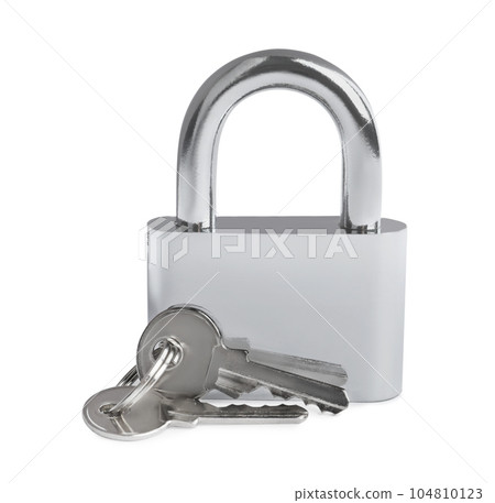 Steel padlock and keys isolated on white. Safety concept Steel padlock and keys isolated on white. Safety concept 104810123