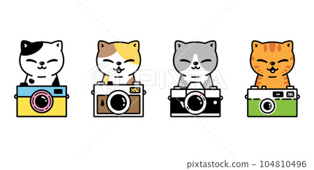 cat vector kitten icon film camera photographer neko calico pet cartoon character doodle symbol tattoo stamp scarf illustration design isolated 104810496