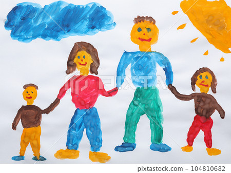 Child's painting of family on white paper Child's painting of family on white paper 104810682