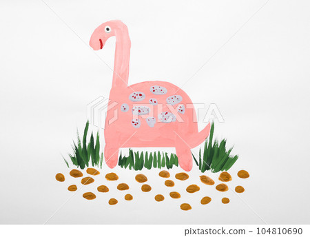 Child's painting of dinosaur on white paper 104810690