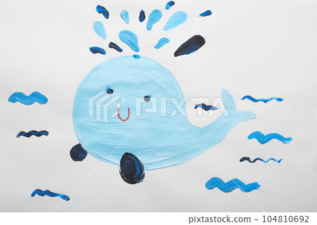 Child's painting of whale on white paper Child's painting of whale on white paper 104810692