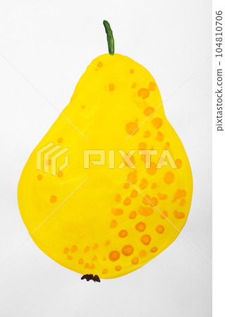 Child's painting of pear on white paper 104810706