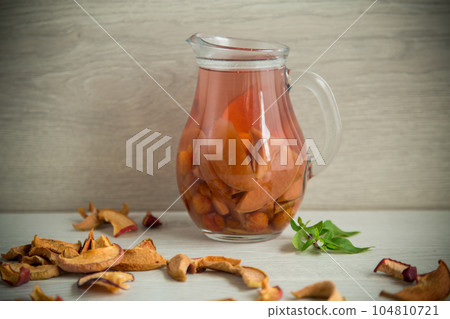 sweet cool compote boiled from various dried fruits, in a glass decanter sweet cool compote boiled from various dried fruits, in a glass decanter 104810721