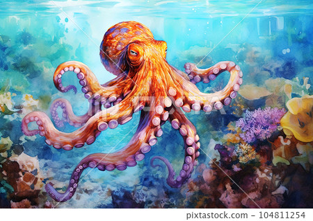 Watercolor painting of large sea octopus in sea depth in transparent sea water near color corals. 104811254