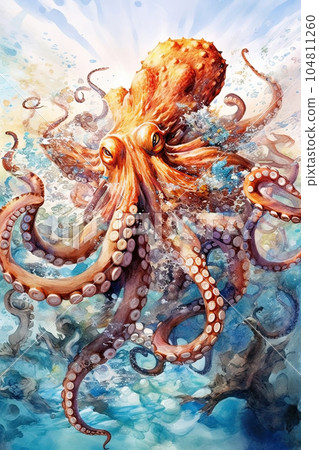 Large furious sea octopus in sea water with splashes and white foam. Watercolor painting. Large cephalopod. Vertical orientation. Generated AI. Large furious sea octopus in sea water with splashes and white foam. Watercolor painting. Large cephalopod. Vertical orientation. Generated AI. 104811260