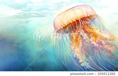 Large sea jellyfish under sea surface close up. Wild marine animals. Watercolor painting. Horizontal format. Copy space. Generated AI. 104811268