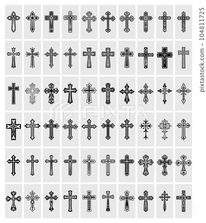 Flat Vector Christian Cross Icons. Line Silhouette Cut Out Black Christian Crosses Collection Isolated. 104811725