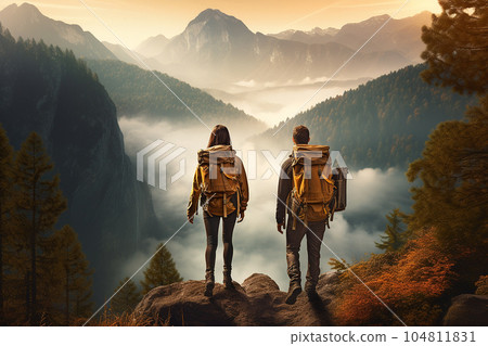 Couple of a young hickers during their travel. 104811831