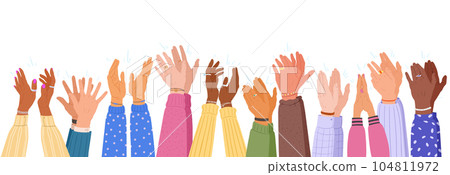 Applauding arms. Human clapping hands with different skin colours, man and woman arms cheering or greeting gesture, people diversity applause flat vector illustration set. Hands clapping Applauding arms. Human clapping hands with different skin colours, man and woman arms cheering or greeting gesture, people diversity applause flat vector illustration set. Hands clapping 104811972