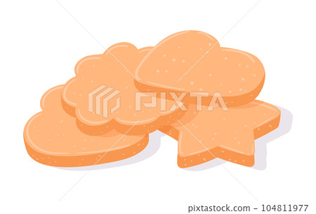 Almond shortbread cookies. Cartoon homemade tasty cookies, delicious, buttery and crumbly cookies of various shapes flat vector illustration Almond shortbread cookies. Cartoon homemade tasty cookies, delicious, buttery and crumbly cookies of various shapes flat vector illustration 104811977