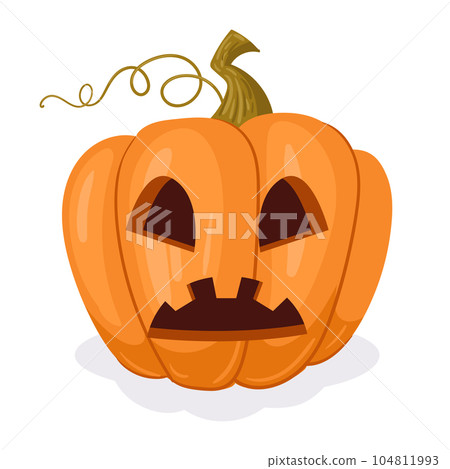 Cartoon spooky holiday pumpkin. Halloween carved pumpkin face decoration, scary jack-o-lantern flat vector illustration Cartoon spooky holiday pumpkin. Halloween carved pumpkin face decoration, scary jack-o-lantern flat vector illustration 104811993